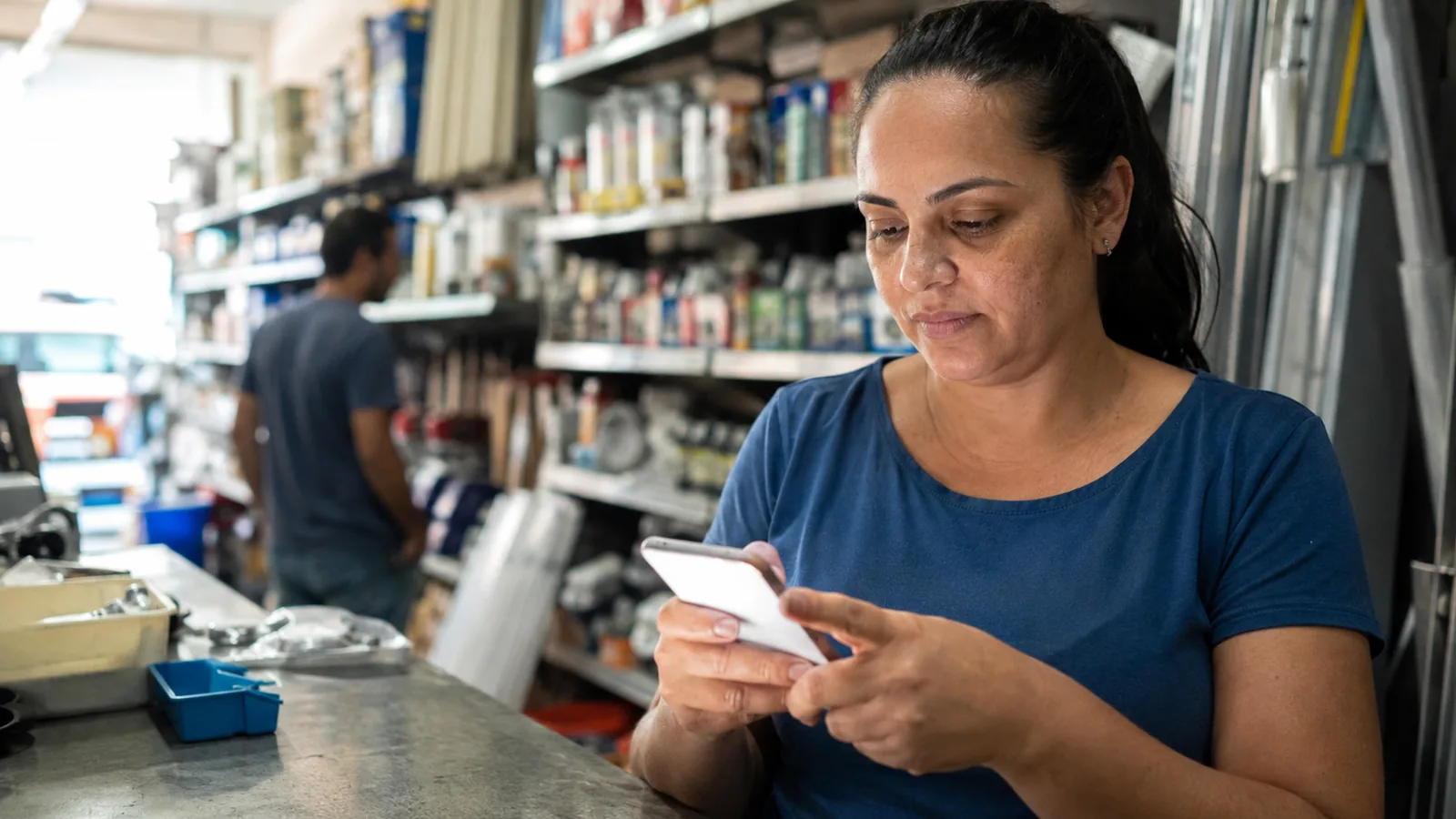 Mulher no balcão de uma loja respondendo rapidamente uma mensagem no celular, com um cliente ao fundo.