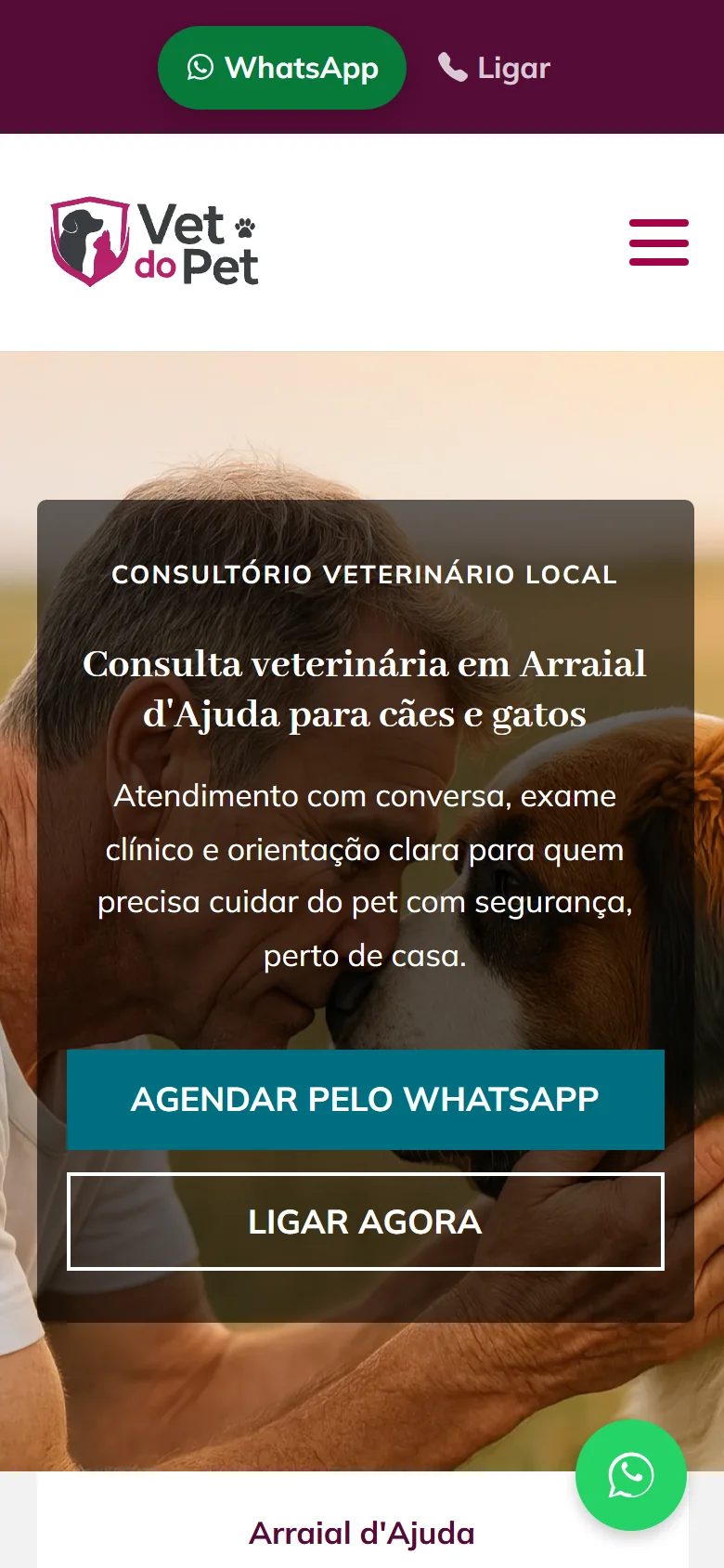 Página de consultas do site do Vet do Pet no celular: título “Consulta veterinária em Arraial d'Ajuda para cães e gatos” e o botão “Agendar pelo WhatsApp” na primeira tela