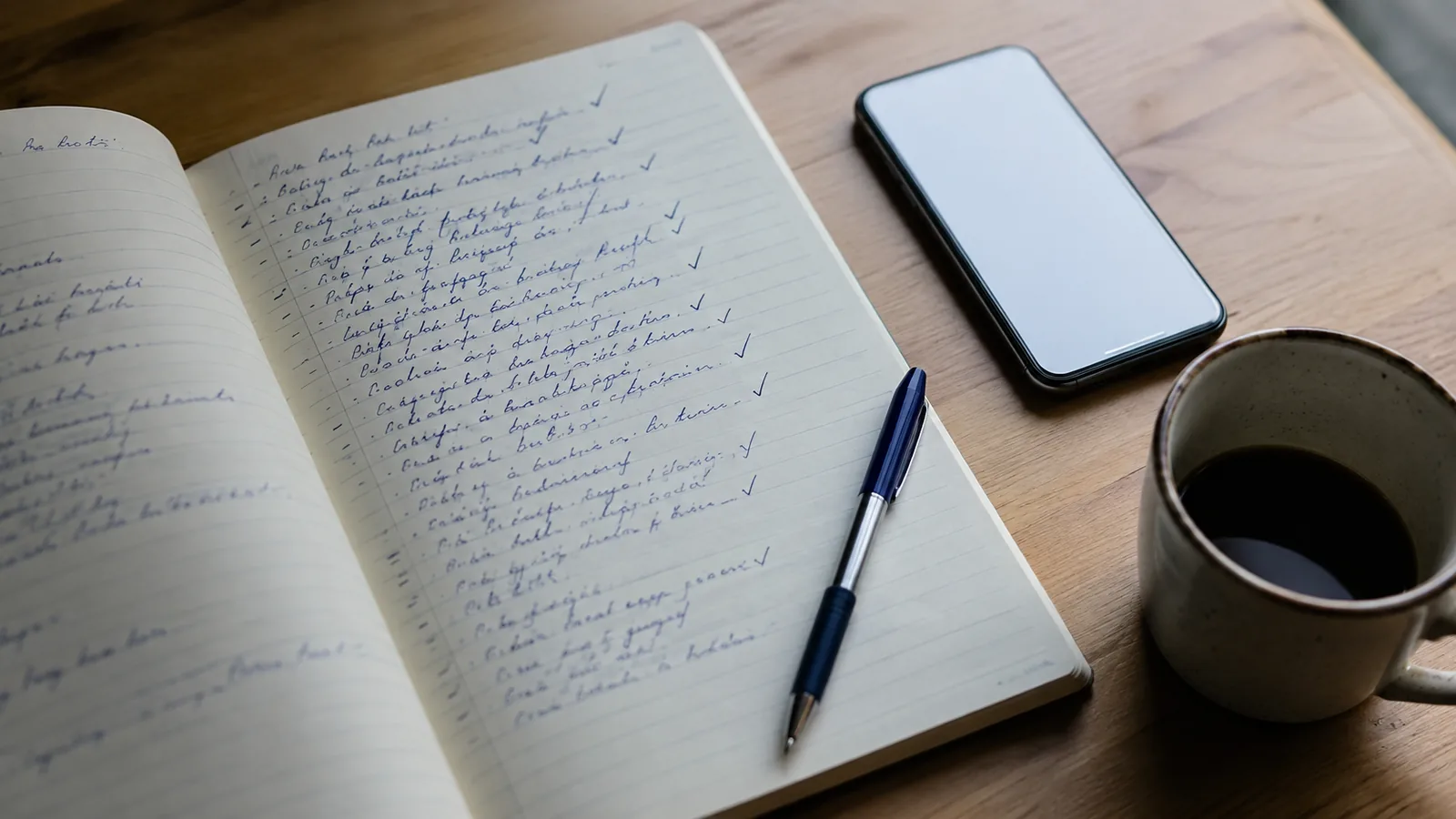 Caderno aberto com uma lista de perguntas escritas à mão, várias já marcadas, ao lado de um celular e de uma xícara de café sobre a mesa.
