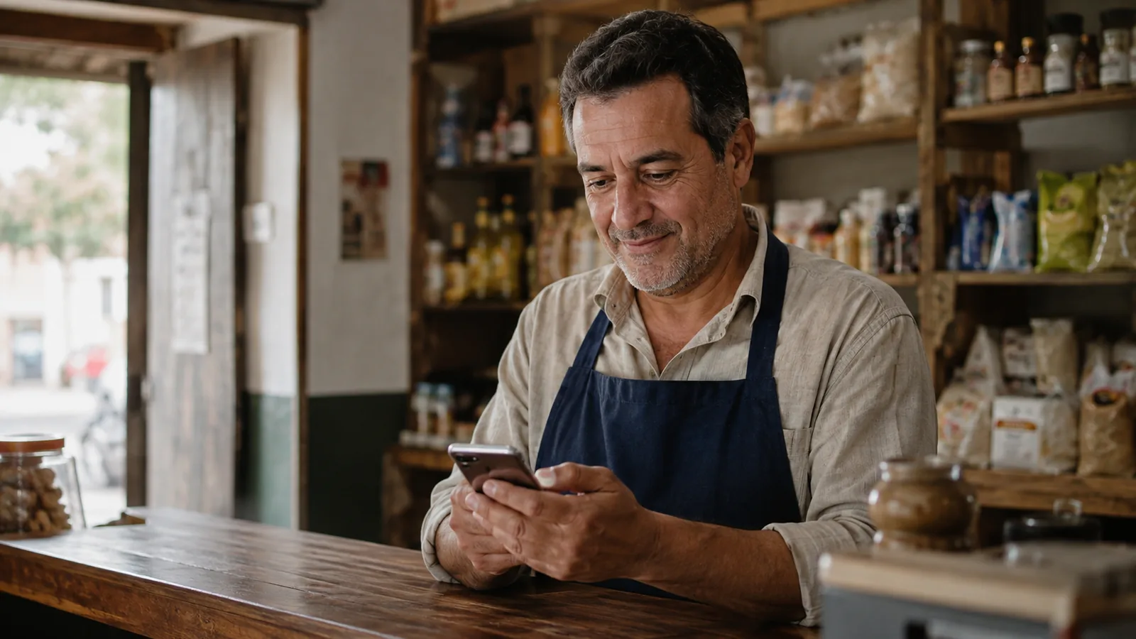 Dono de um pequeno comércio, atrás do balcão, respondendo uma mensagem no celular com calma, no intervalo do atendimento.