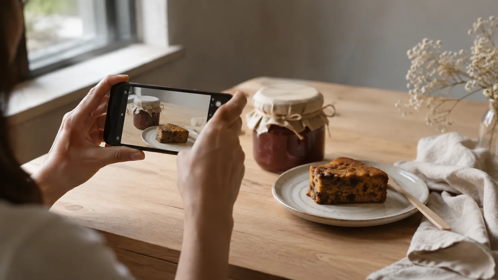 Pessoa fotografando com o celular um produto artesanal sobre uma mesa de madeira, perto de uma janela com luz natural.
