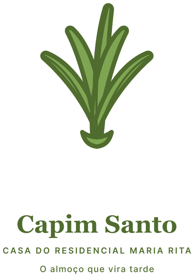 Marca da Casa Capim Santo: um tufo de capim, o nome e a frase “O almoço que vira tarde”