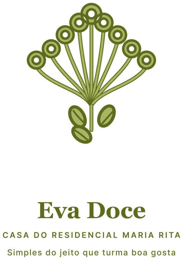Marca da Casa Eva Doce: uma umbela de erva-doce, o nome e a frase “Simples do jeito que turma boa gosta”