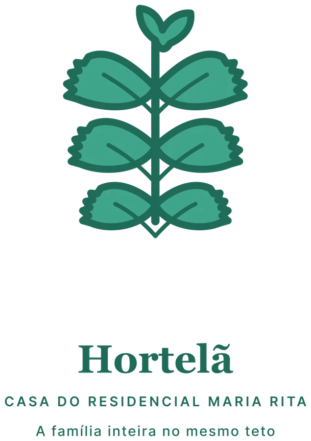 Marca da Casa Hortelã: um ramo de hortelã, o nome e a frase “A família inteira no mesmo teto”