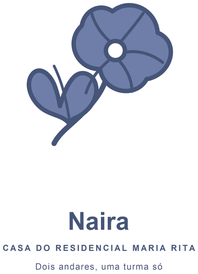 Marca da Casa Naira: uma flor azul, o nome e a frase “Dois andares, uma turma só”