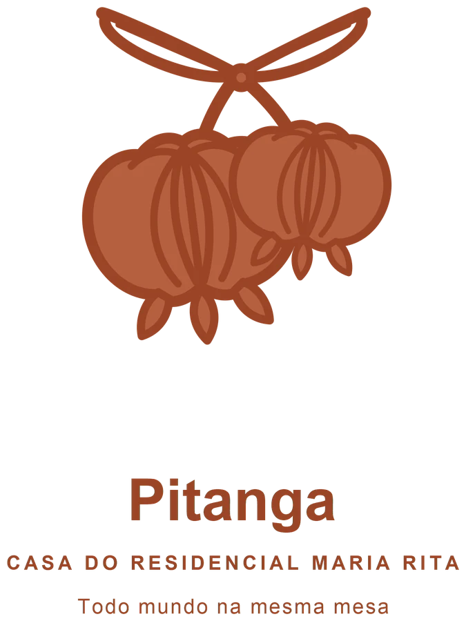 Marca da Casa Pitanga: dois frutos de pitanga, o nome e a frase “Todo mundo na mesma mesa”