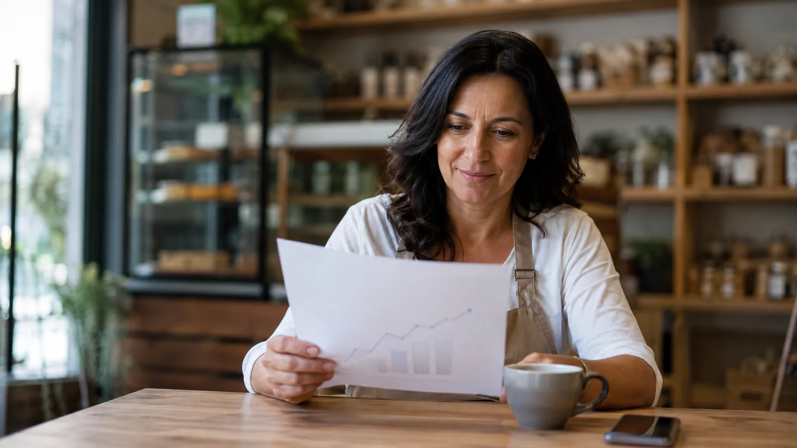 Dona de negócio à mesa lendo, numa folha simples, um gráfico de linha que sobe, com o celular ao lado.