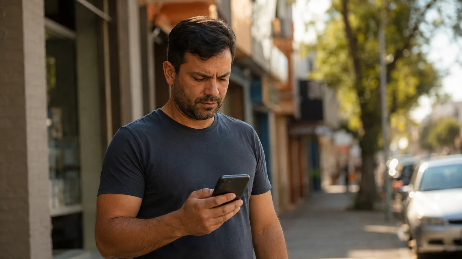 Homem na calçada, em frente a um prédio comercial, olhando o celular com atenção enquanto procura um serviço.