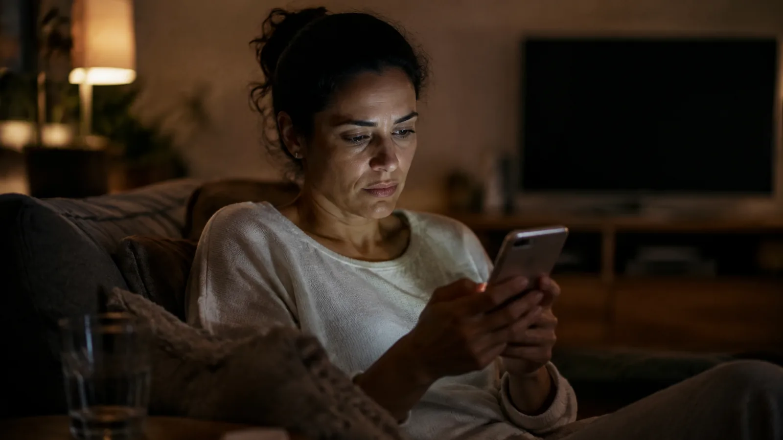 Mulher no sofá, à noite, olhando o celular com expressão de dúvida, prestes a decidir para quem mandar mensagem.