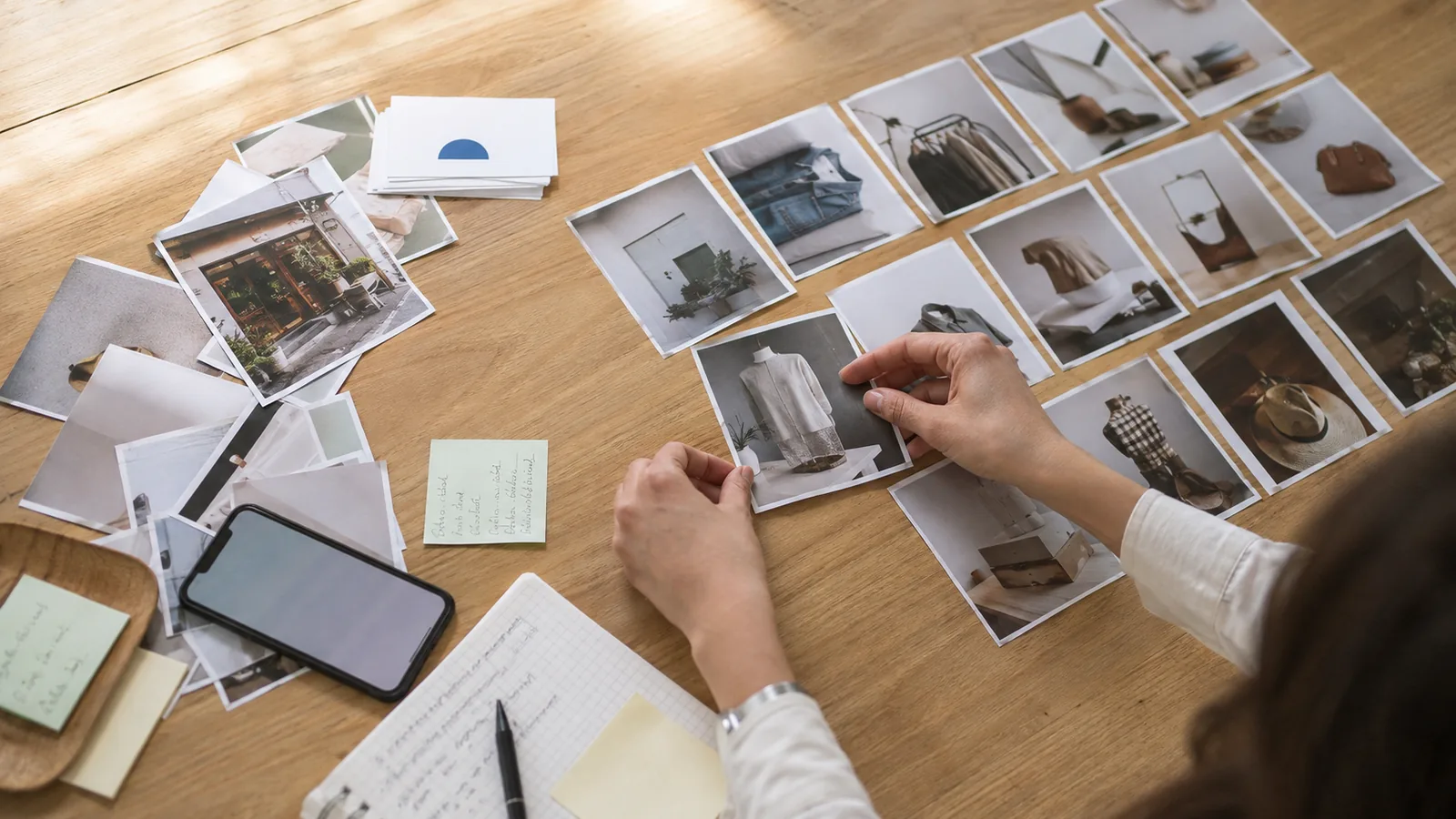 Mesa de trabalho vista de cima, com fotos impressas, um cartão de visita, anotações à mão e um celular sendo organizados em grupos.
